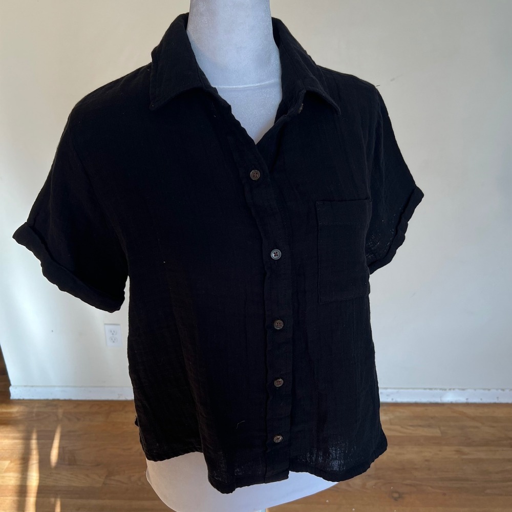 Old Navy Womens Black Cotton Gauze Short Sleeve Button Down Shirt XS NWT